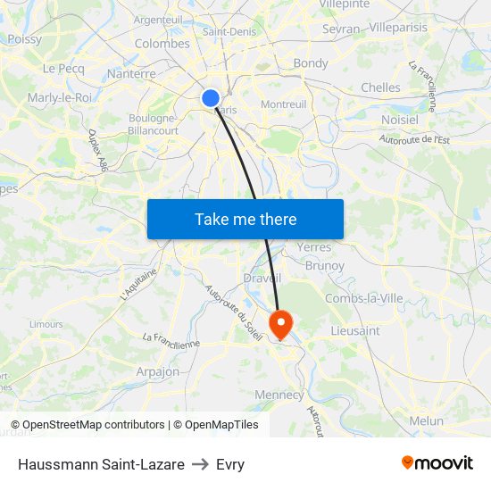 Haussmann Saint-Lazare to Evry map