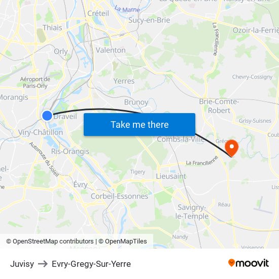 Juvisy to Evry-Gregy-Sur-Yerre map