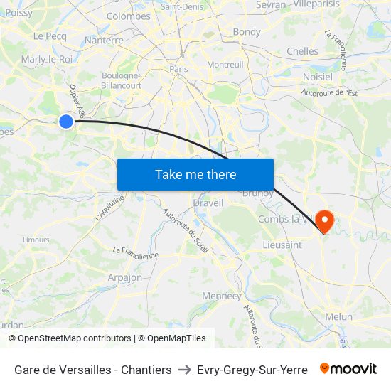 Gare de Versailles - Chantiers to Evry-Gregy-Sur-Yerre map