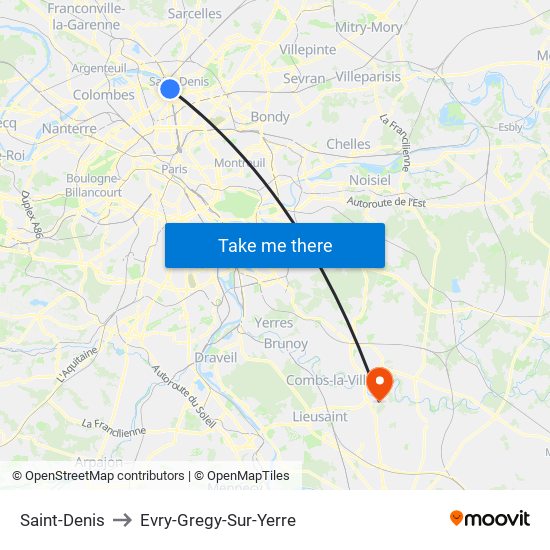 Saint-Denis to Evry-Gregy-Sur-Yerre map