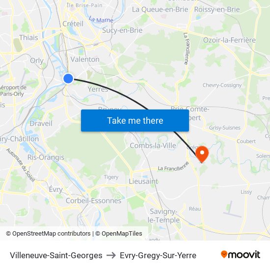 Villeneuve-Saint-Georges to Evry-Gregy-Sur-Yerre map