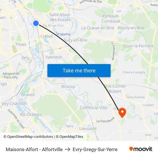 Maisons-Alfort - Alfortville to Evry-Gregy-Sur-Yerre map