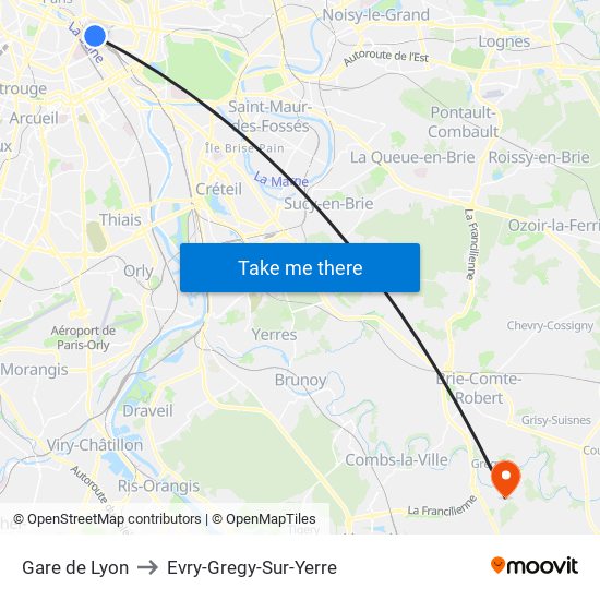 Gare de Lyon to Evry-Gregy-Sur-Yerre map