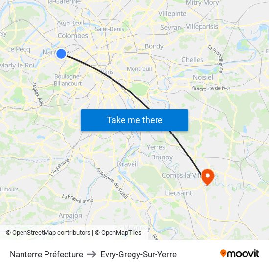 Nanterre Préfecture to Evry-Gregy-Sur-Yerre map