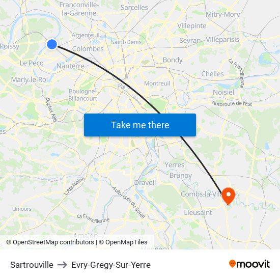 Sartrouville to Evry-Gregy-Sur-Yerre map