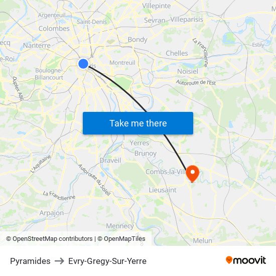 Pyramides to Evry-Gregy-Sur-Yerre map