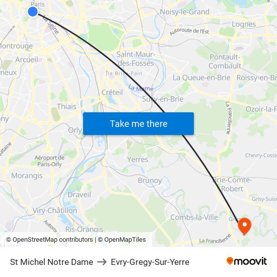 St Michel Notre Dame to Evry-Gregy-Sur-Yerre map