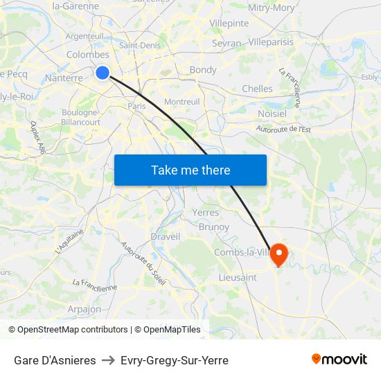 Gare D'Asnieres to Evry-Gregy-Sur-Yerre map
