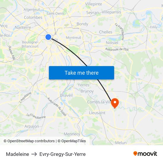 Madeleine to Evry-Gregy-Sur-Yerre map