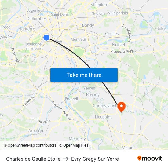 Charles de Gaulle Etoile to Evry-Gregy-Sur-Yerre map