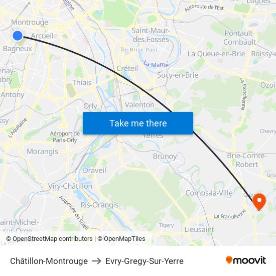 Châtillon-Montrouge to Evry-Gregy-Sur-Yerre map