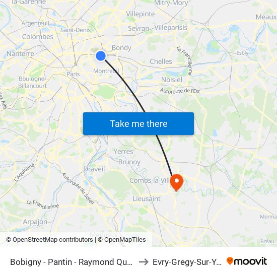 Bobigny - Pantin - Raymond Queneau to Evry-Gregy-Sur-Yerre map