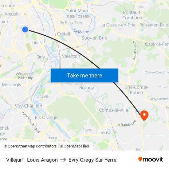 Villejuif - Louis Aragon to Evry-Gregy-Sur-Yerre map