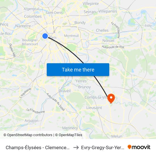 Champs-Élysées - Clemenceau to Evry-Gregy-Sur-Yerre map