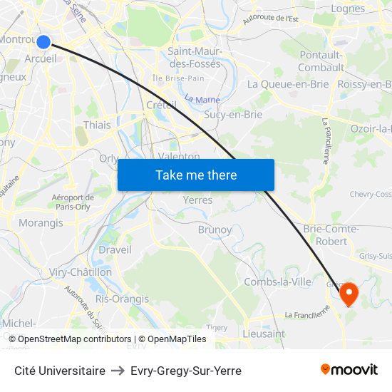 Cité Universitaire to Evry-Gregy-Sur-Yerre map