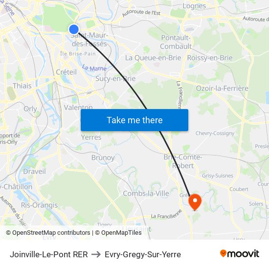Joinville-Le-Pont RER to Evry-Gregy-Sur-Yerre map