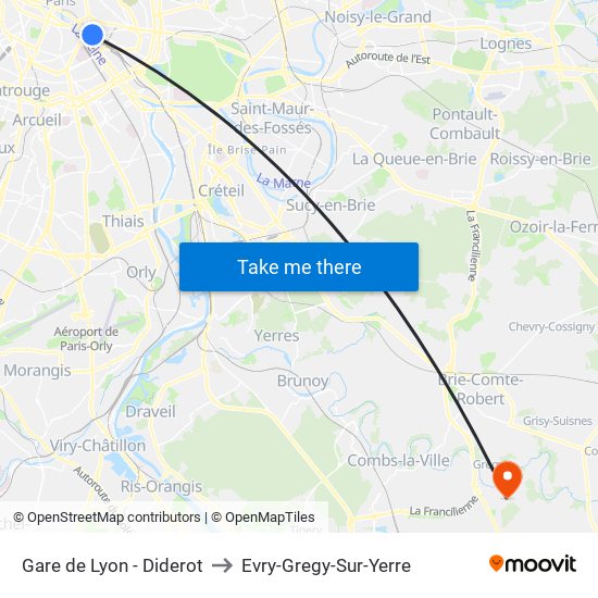 Gare de Lyon - Diderot to Evry-Gregy-Sur-Yerre map