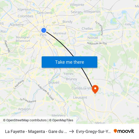 La Fayette - Magenta - Gare du Nord to Evry-Gregy-Sur-Yerre map