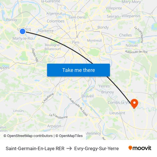Saint-Germain-En-Laye RER to Evry-Gregy-Sur-Yerre map