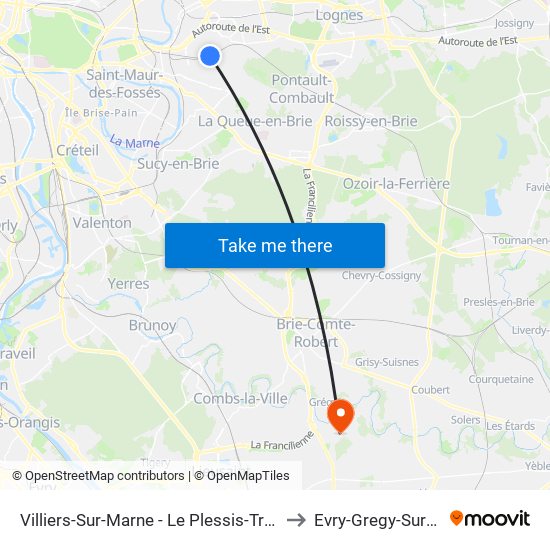 Villiers-Sur-Marne - Le Plessis-Trévise RER to Evry-Gregy-Sur-Yerre map