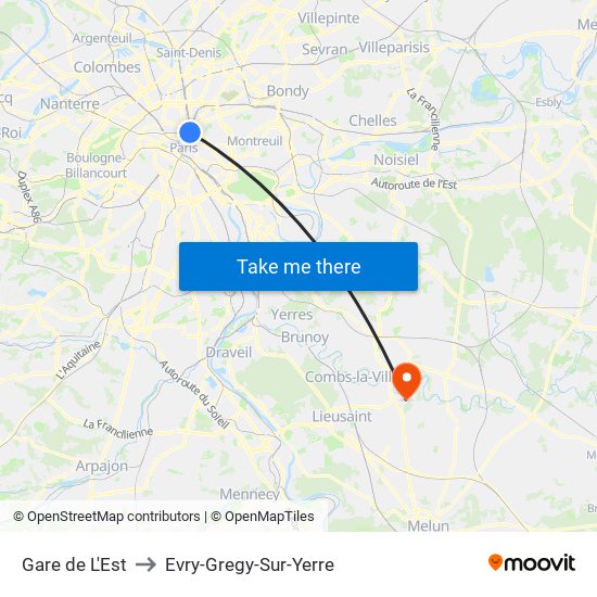 Gare de L'Est to Evry-Gregy-Sur-Yerre map