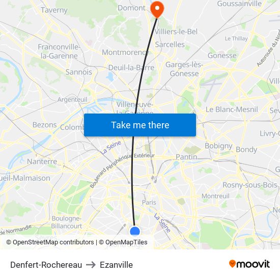 Denfert-Rochereau to Ezanville map