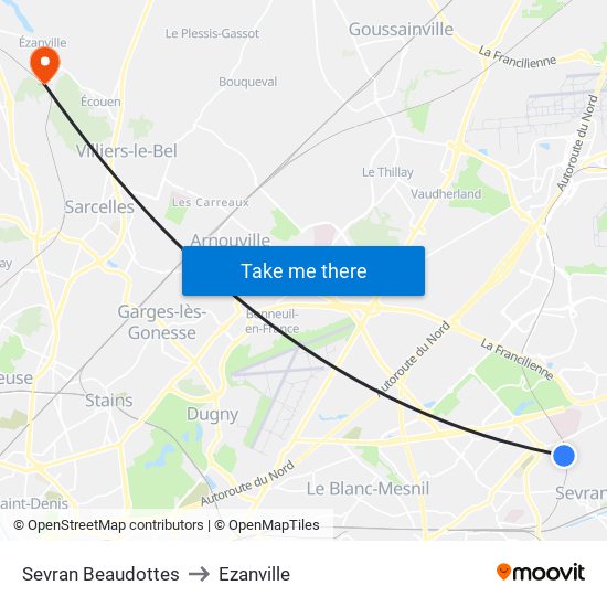 Sevran Beaudottes to Ezanville map