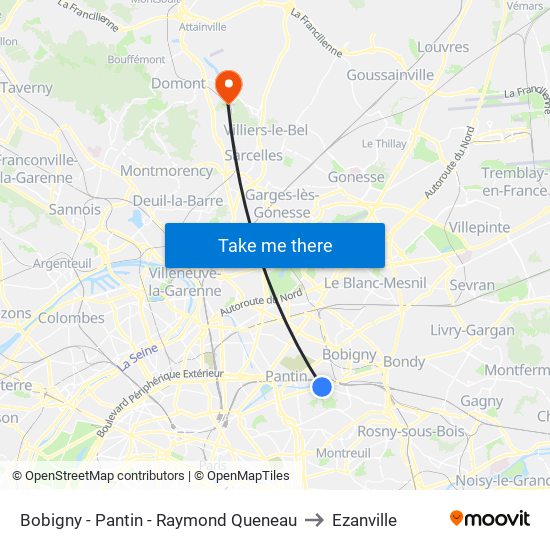 Bobigny - Pantin - Raymond Queneau to Ezanville map