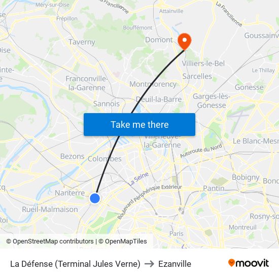 La Défense (Terminal Jules Verne) to Ezanville map