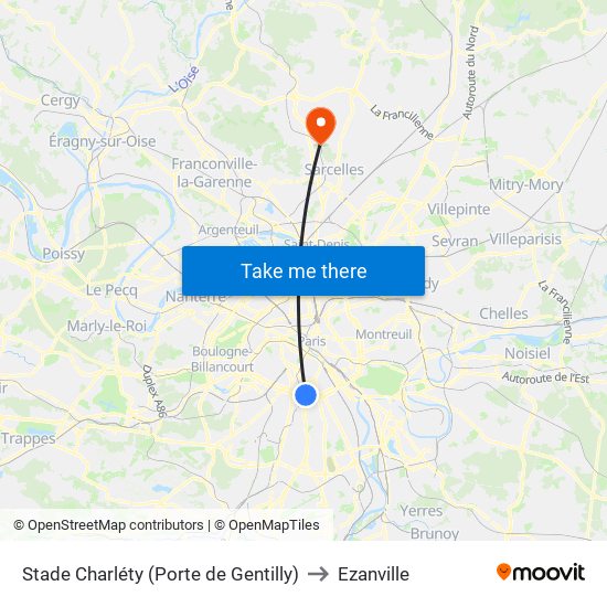 Stade Charléty (Porte de Gentilly) to Ezanville map