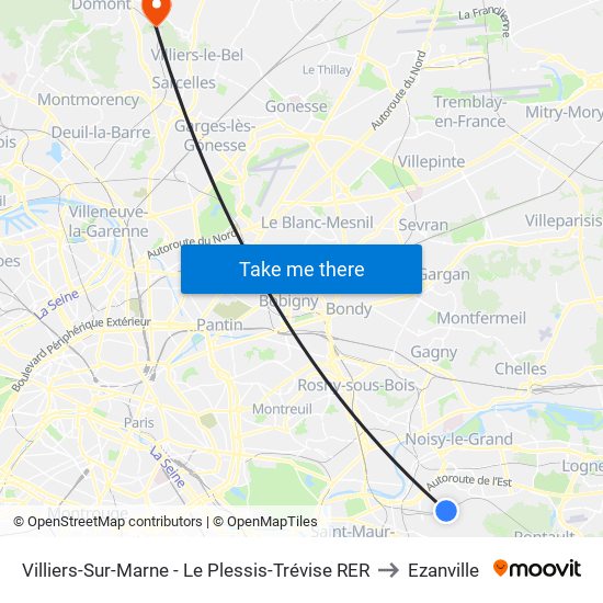 Villiers-Sur-Marne - Le Plessis-Trévise RER to Ezanville map