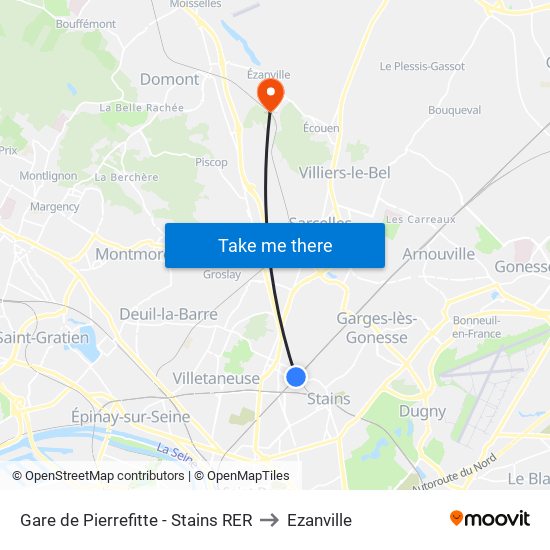 Gare de Pierrefitte - Stains RER to Ezanville map