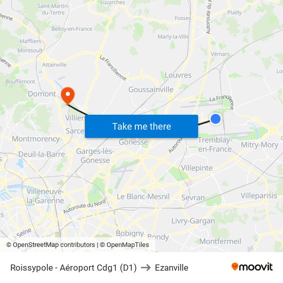 Roissypole - Aéroport Cdg1 (D1) to Ezanville map