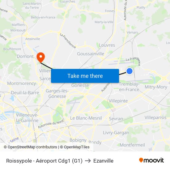 Roissypole - Aéroport Cdg1 (G1) to Ezanville map