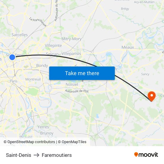 Saint-Denis to Faremoutiers map