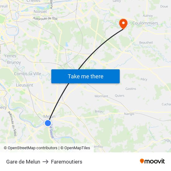 Gare de Melun to Faremoutiers map