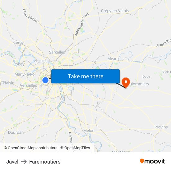 Javel to Faremoutiers map