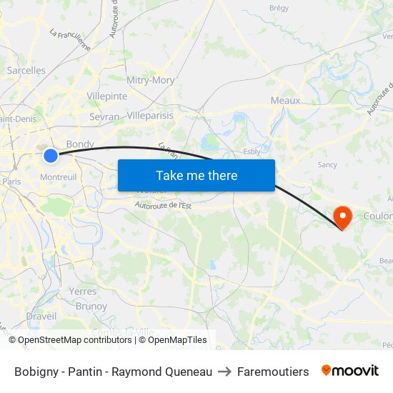 Bobigny - Pantin - Raymond Queneau to Faremoutiers map