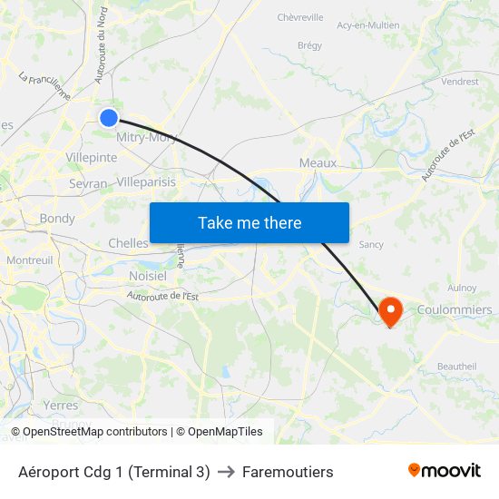 Aéroport Cdg 1 (Terminal 3) to Faremoutiers map