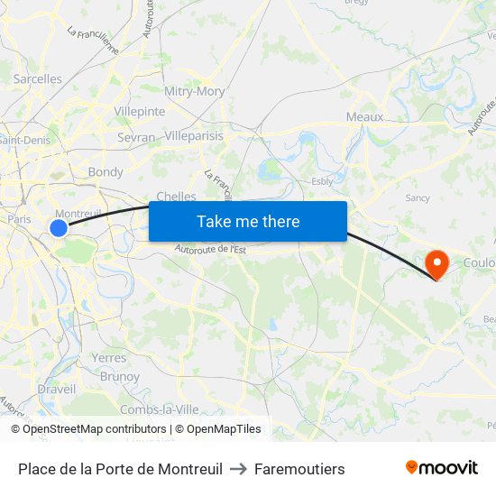 Place de la Porte de Montreuil to Faremoutiers map