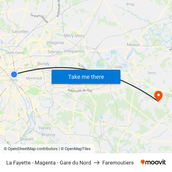 La Fayette - Magenta - Gare du Nord to Faremoutiers map
