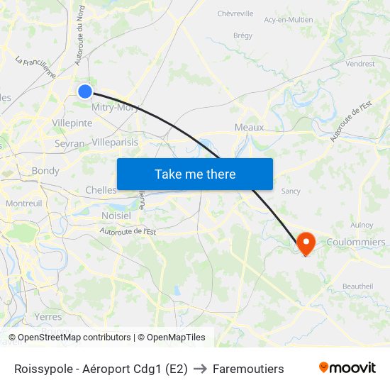 Roissypole - Aéroport Cdg1 (E2) to Faremoutiers map