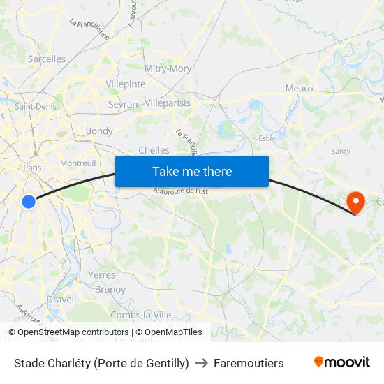 Stade Charléty (Porte de Gentilly) to Faremoutiers map