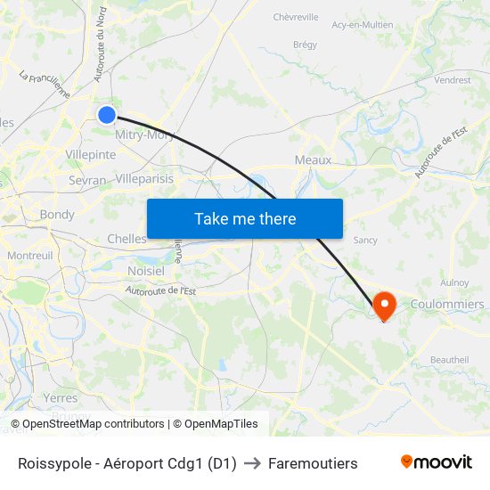 Roissypole - Aéroport Cdg1 (D1) to Faremoutiers map