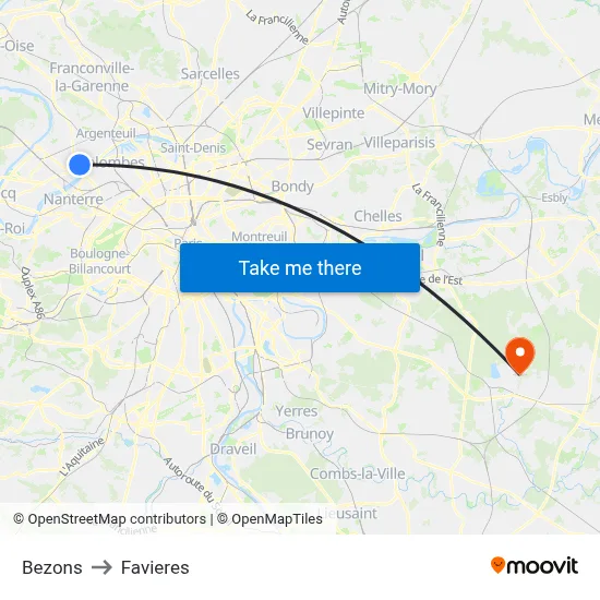 Bezons to Favieres map