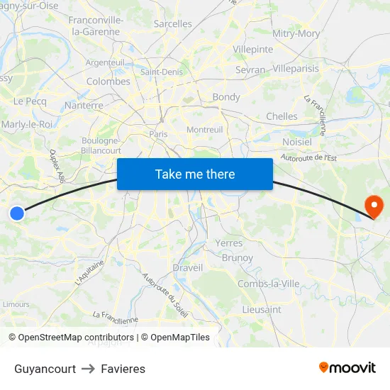 Guyancourt to Favieres map