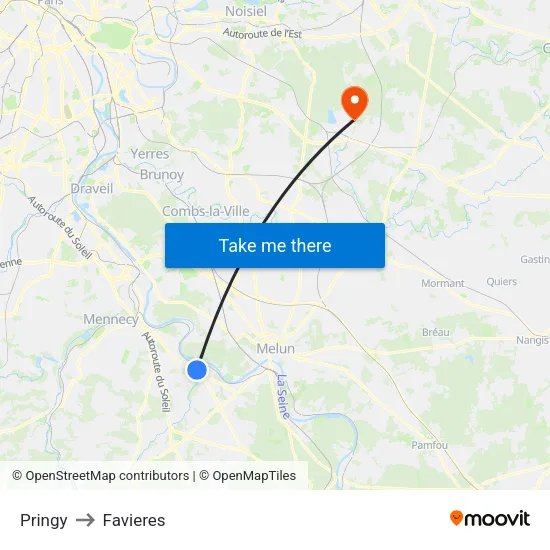 Pringy to Favieres map