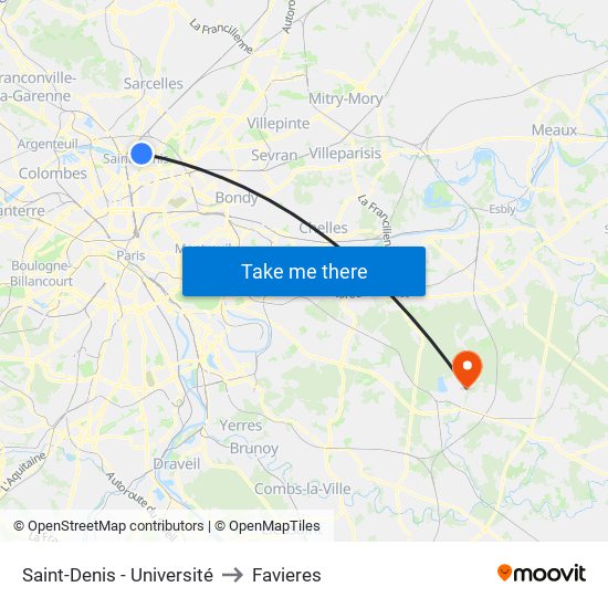Saint-Denis - Université to Favieres map