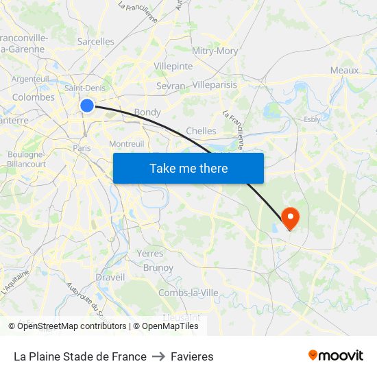 La Plaine Stade de France to Favieres map
