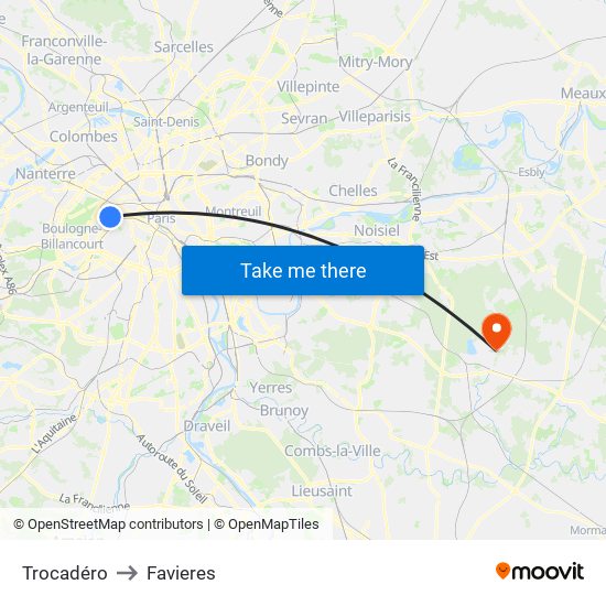 Trocadéro to Favieres map